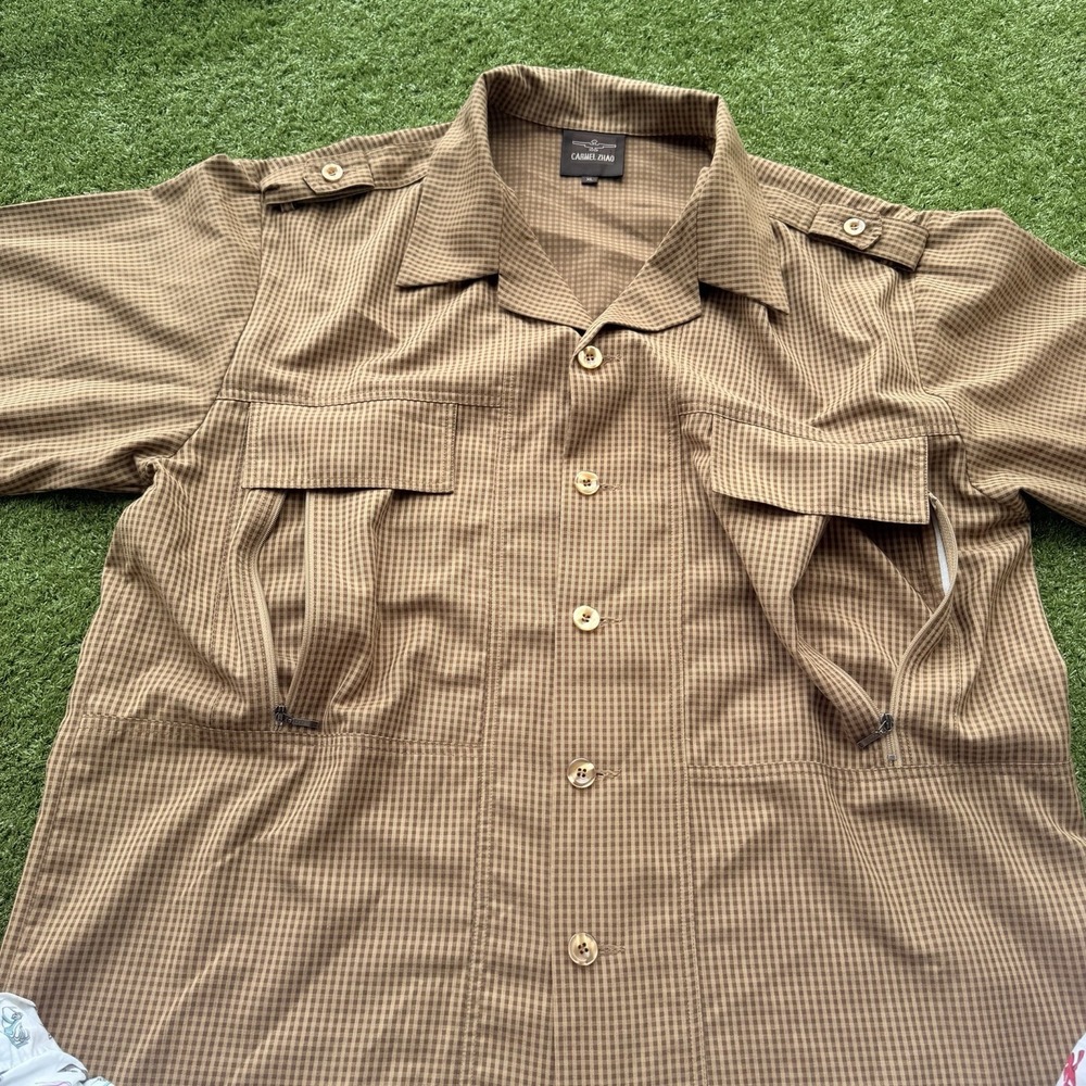Carmel Zhao Men's‎ XL Brown Check Button Front Safari Utility Shirt 70/30 - Picture 3 of 9